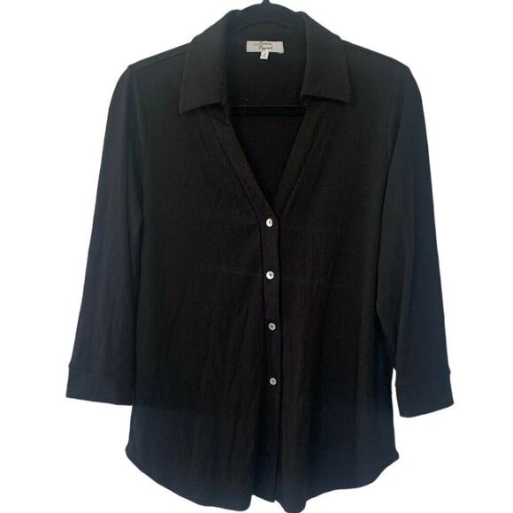 NWOT Beacon Apparel Ribbed Collar Button Up Long Sleeve Top Black Size Large - Picture 1 of 5
